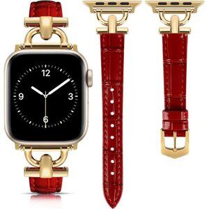 NEW Red/Gold Slim Leather Luxury Apple Watch Band